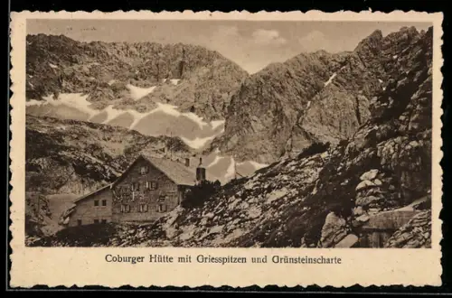 AK Coburger Hütte, Ansicht mit Griesspitzen u. Grünsteinscharte