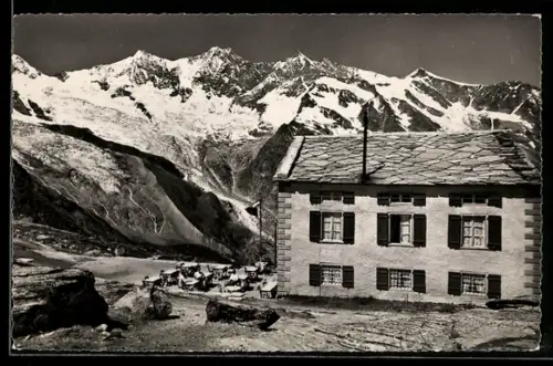 AK Saas-Fee, Berghaus Plattjen mit Mischabelgruppe