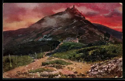 Künstler-AK Schneekoppe, Gasthaus, Wirtschaft von Emil Pohl, Blick zum Berg im Abendrot