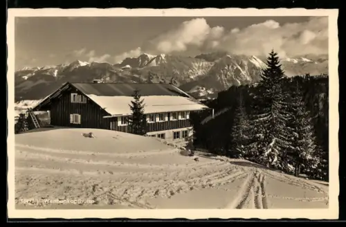 AK Obermaiselstein, Wannenkopfhütte am Riedbergerhorn von L. Schwegler, Ansicht im Winter