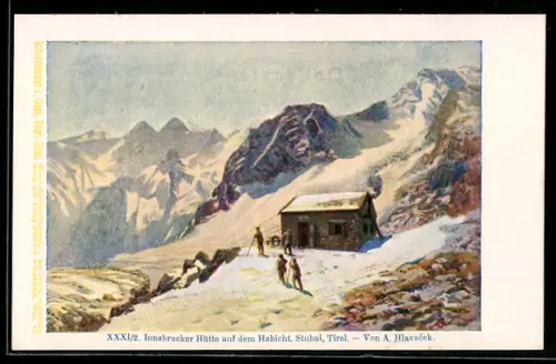 Künstler-AK Innsbrucker Hütte auf dem Habicht, Berghütte im Winter