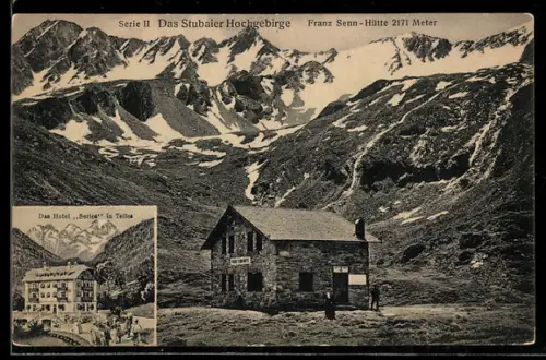 AK Franz Senn-Hütte, Stubai, Blick zum Hotel Serles in Telfes