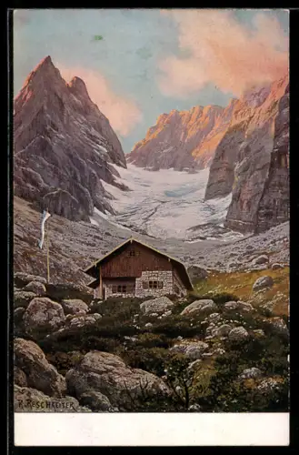 Künstler-AK Rudolf Reschreiter: Ansicht einer Berghütte
