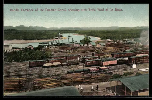 AK Panama Canal, Pacific Entrance of the Panama Canal, showing also Train Yard at La Boca