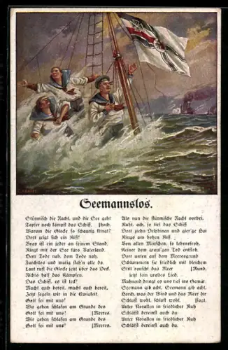 AK Matrosen auf sinkendem Schiff, die Reichskriegsfahne gehisst, Seemannslos