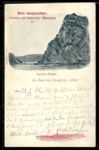 AK Raddampfer Elsa, Rhein-Dampfschiffahrt, Kölnische und Düsseldorfer Gesellschaft, Loreley-Felsen