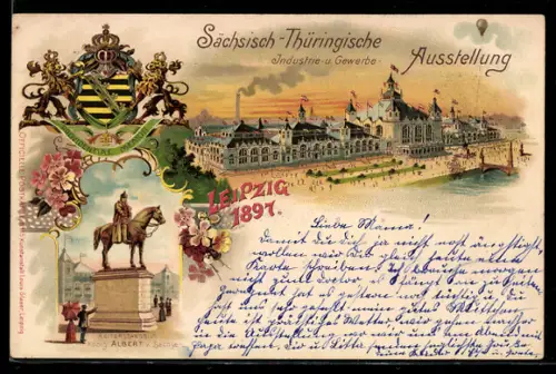 Lithographie Leipzig, Sächsisch-Thüringische Industrie-Ausstellung 1897, König Albert Reiterstandbild