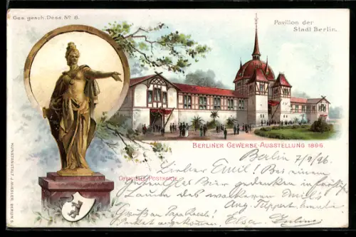 Lithographie Berlin, Gewerbe-Ausstellung 1896, Pavillon der Stadt Berlin, Berolina, Wappen