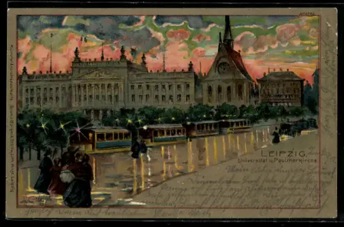Künstler-Lithographie Raffaele Carloforti: Leipzig, Universität & Paulinerkirche mit Strassenbahn
