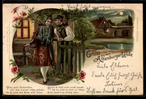 Lithographie Liebespaar in thüringischer Tracht