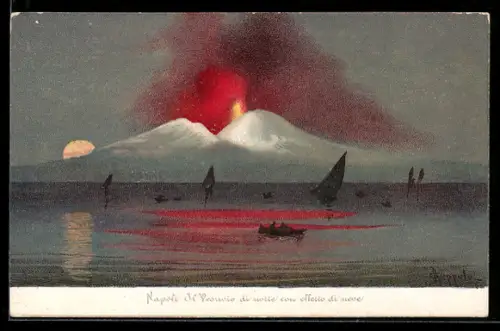 AK Napoli, Il Vesuvio di notte con effetto di neve, Vulkanausbruch