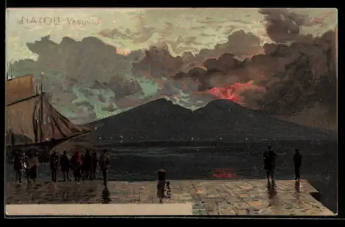 Künstler-AK Napoli, Blick zum Vulkan Vesuv während eines Ausbruchs