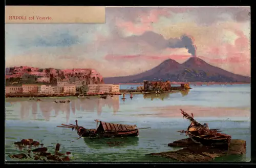AK Napoli, Blick zum Ort mit dem Vulkan Vesuv, Boote