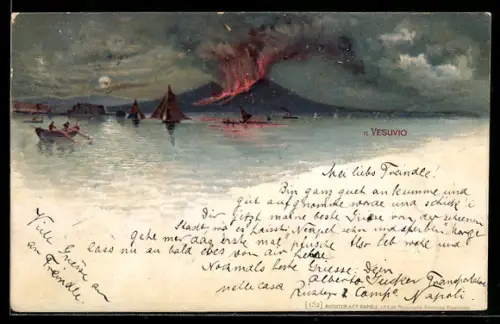 Lithographie Vulkan Vesuv, Ausbruch um 1872
