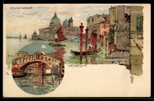 Künstler-AK Manuel Wielandt: Venezia, Canale Grande, Rialto mit Gondel