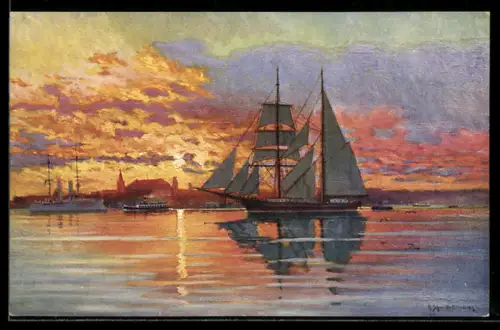 Künstler-AK Robert Schmidt: Kiel, Segelschiff bei Sonnenuntergang im Hafen