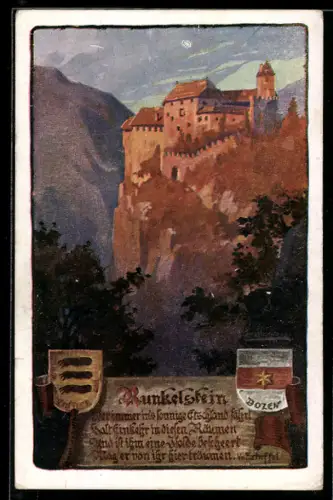 Künstler-AK Bolzano, Schloss Runkelstein und Stadtwappen