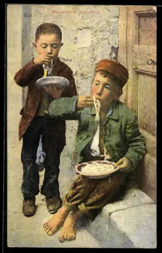 AK Neapel / Napoli, Maccheroni appetitosi, Strassenjungs essen Makkaroni