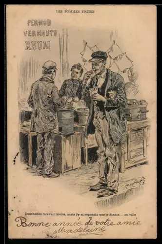 AK Paris, Les Pommes Frites, Mann isst am Stand Pommes Frites