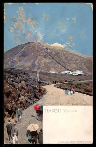 Lithographie Neapel, Blick auf den Vulkan Vesuv