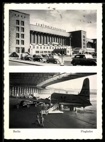 AK Berlin, Zentralflughafen, VW Käfer vor Eingang, Flugzeug in Hangar