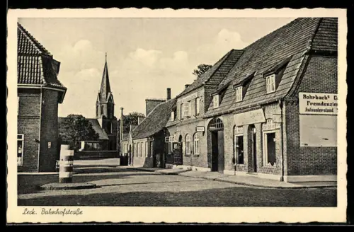 AK Leck, Bahnhofstrasse, Kirche, Rohrbach`s Gasthof