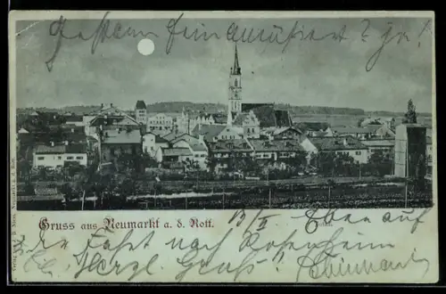 Mondschein-AK Neumarkt a. d. Rott, Ortsansicht mit Kirche und Marktplatz