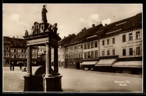 AK Kamenz i. Sa., Markt, Brunnen, Modewaren, Goldener Hirsch