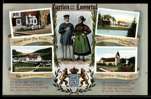 AK Oberkaufungen, Lossetal: Kanzler Feige Brunnen Lichtenau, Militär-Genesungsheim Helsa, Stiftskirche, Mausoleum
