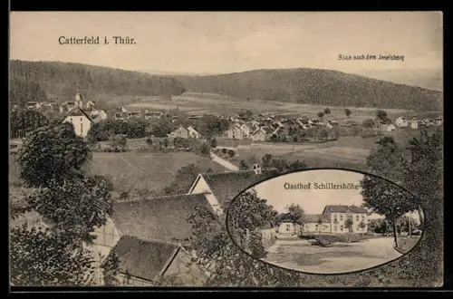 AK Catterfeld i. Thür., Gasthof Schillershöhe, Gesamtansicht mit Inselsberg