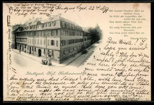 AK Stuttgart, Kgl. Katharinenstift mit Strasse u. Kuppelgebäude aus der Vogelschau