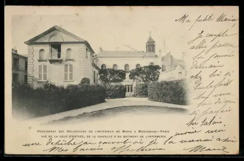 AK Montrouge /Paris, Pensionnat des religieuses de l`intérieur de Marie, cour et chapelle
