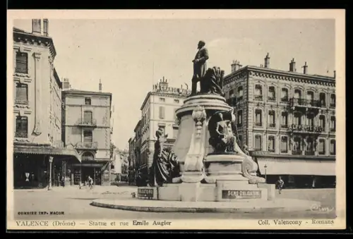 AK Valence /Drôme, Statue et rue Emile Augier
