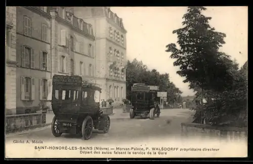 AK Saint-Honoré-les-Bains /Nièvre, Morvan-Palace, Départ des autos faisant le service de la Gare