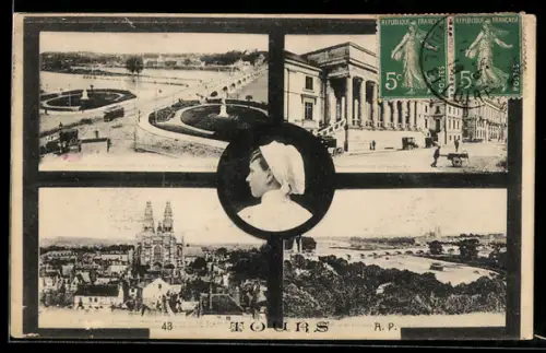 AK Tours, Mehrbildkarte mit Kathedrale, Loire, Brücken und Stadtansichten