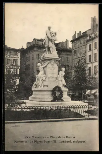AK Marseille, Place de la Bourse, Monument de Pierre Puget