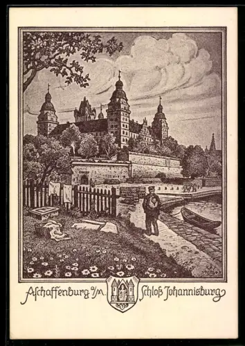 Lithographie Aschaffenburg a. M., Schloss Johannisburg