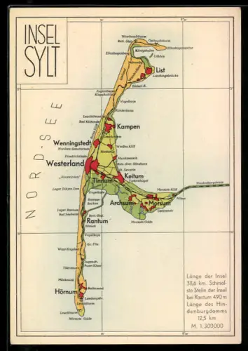 AK Hörnum /Sylt, Inselkarte mit Westerland, Wennigstedt und Kampen