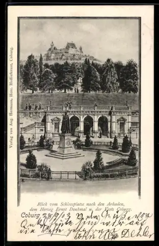 AK Coburg, Schlossplatz, Arkaden, Herzog Ernst Denkmal, Veste Coburg