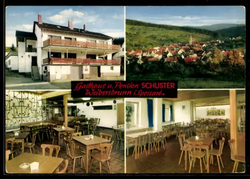AK Weibersbrunn i. Spessart, Gasthaus und Pension Schuster, Bes. Emma Schuster, Innenansichten, Ortsansicht