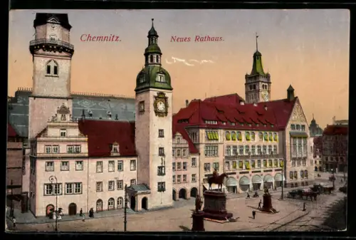 AK Chemnitz, Neues Rathaus, Reiterstandbild
