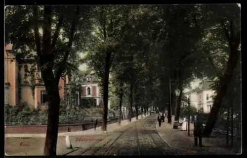 AK Kiel, Düsternbrook, Allee mit Passanten