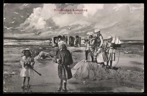 AK Langeoog, Strand mit Kindern und Strandkörben