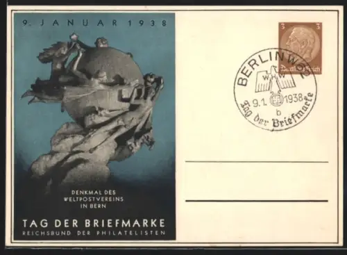 AK Stempel Berlin, Tag der Briefmarke 1938, Globus mit Menschen und Briefen