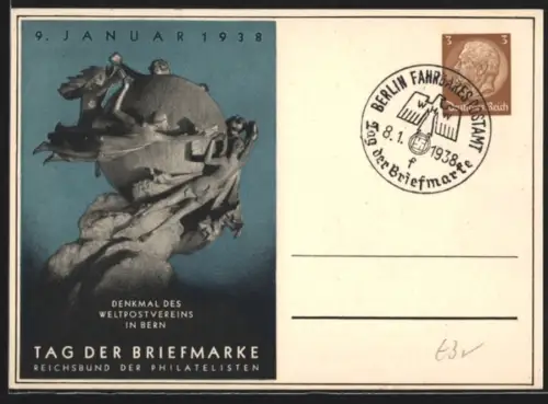 AK Stempel Berlin, Tag der Briefmarke 1938, Globus mit Menschen und Briefen