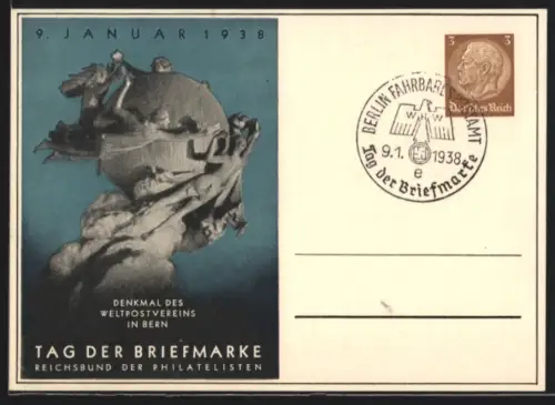 AK Stempel Berlin, Tag der Briefmarke 1938, Globus mit Menschen und Briefen