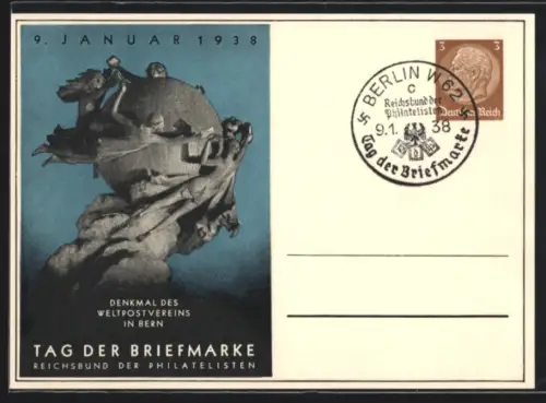 AK Stempel Berlin, Tag der Briefmarke 1938, Globus mit Menschen und Briefen