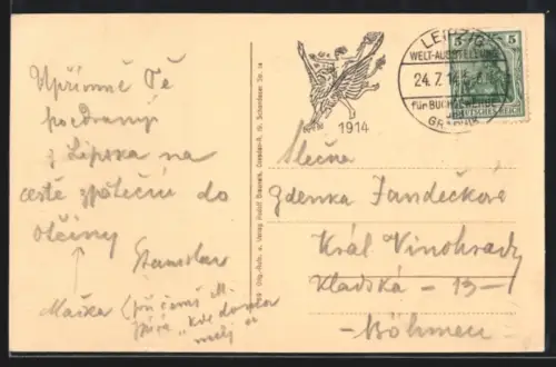AK Stempel Leipzig, Welt-Ausstellung für Buchgewerbe 1914, Person mit Fackel auf einem Greif