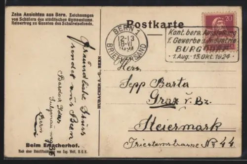 AK Stempel Kant bern. Ausstellung f. Gewerbe u. Industrie Burgdorf 1924