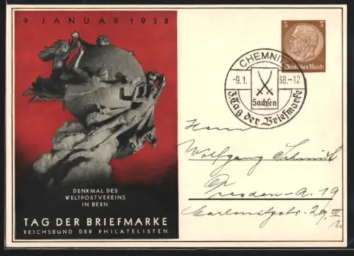 AK Stempel Chemnitz, 3. Tag der Briefmarke 1938